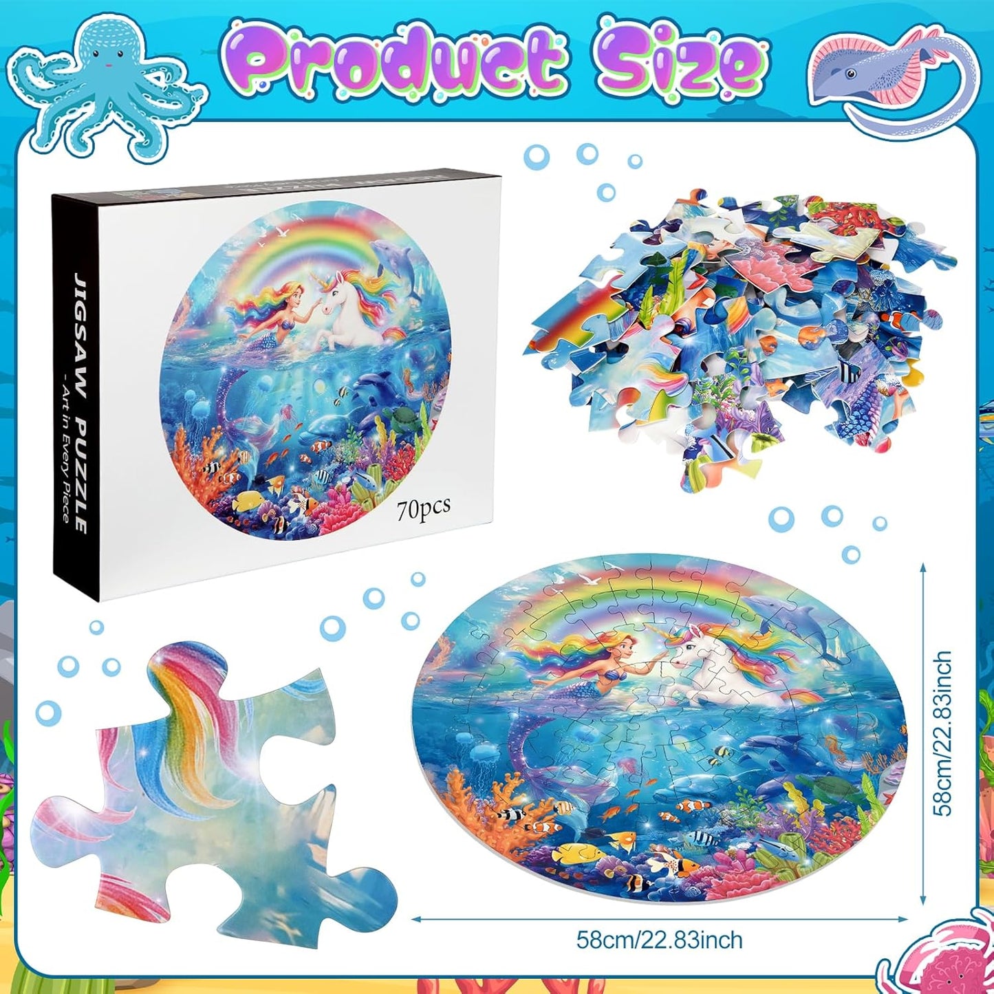 Soulchen 23 Inch Unicorn Mermaid Jigsaw Puzzles, 70 Piece Large Round Floor Puzzle for Kids Ages 4-8, Educational Preschool Learning Toys, Birthday Gifts for Girls 3 4 5 6 7 8 Years Old