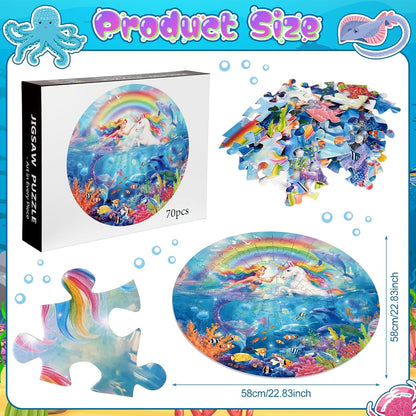 Soulchen 23 Inch Unicorn Mermaid Jigsaw Puzzles, 70 Piece Large Round Floor Puzzle for Kids Ages 4-8, Educational Preschool Learning Toys, Birthday Gifts for Girls 3 4 5 6 7 8 Years Old