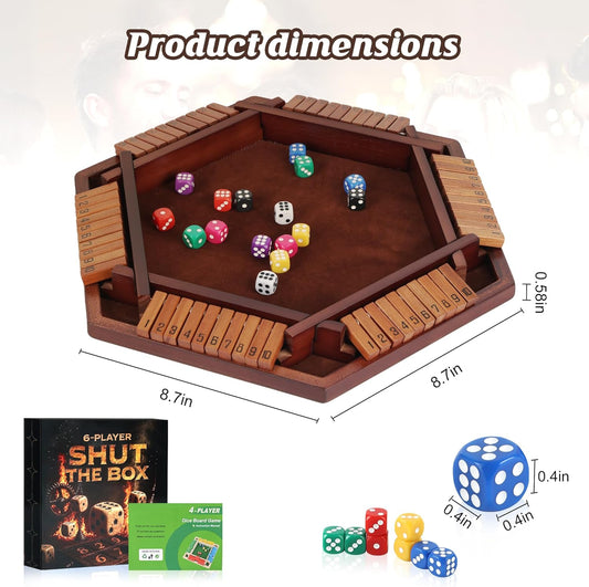Shut The Box Game for 6 Players - 16 Dice Wooden Hexagonal Board Game, Colorful Math Number Game for Adults, Families, Seniors, for Christmas, Halloween & Valentine's Day