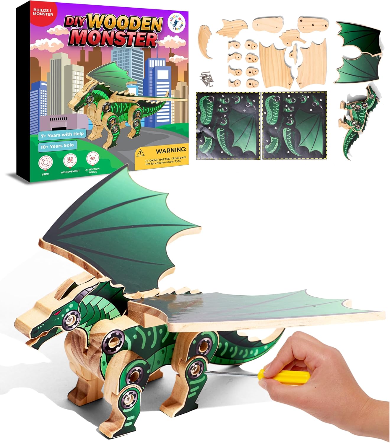 Little Jupiter DIY Wooden Kit with Stickers - Dinosaur Toys for Kids for 7-12 Yrs - Dinosaur Toy Woodworking Kits - Wood Crafts - Kids Building Kit - Wooden Crafts (Stegosaurus)