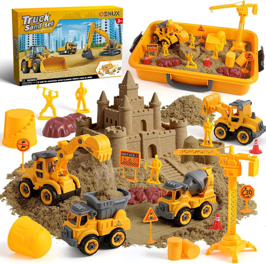 OENUX Play Sand Construction Set, Beach Building Castle Kit w/ 2.2lbs Play Sand, 4 Take Apart Construction Trucks Toys and Signs, Sensory Sandbox with Cover for Boy Girl Kid Toddlers Age 3-8