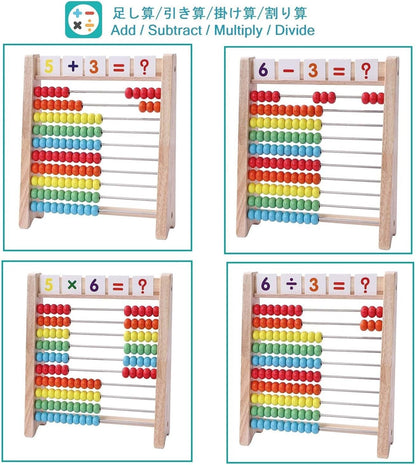 Educational Abacus for Kids Math - 10 Row Wooden Counting Frame with Number 1-100 Cards - Teach Counting, Addition and Subtraction, Preschool Learning Math Toys for Boys Girls Gift 3 4 5 Year Old