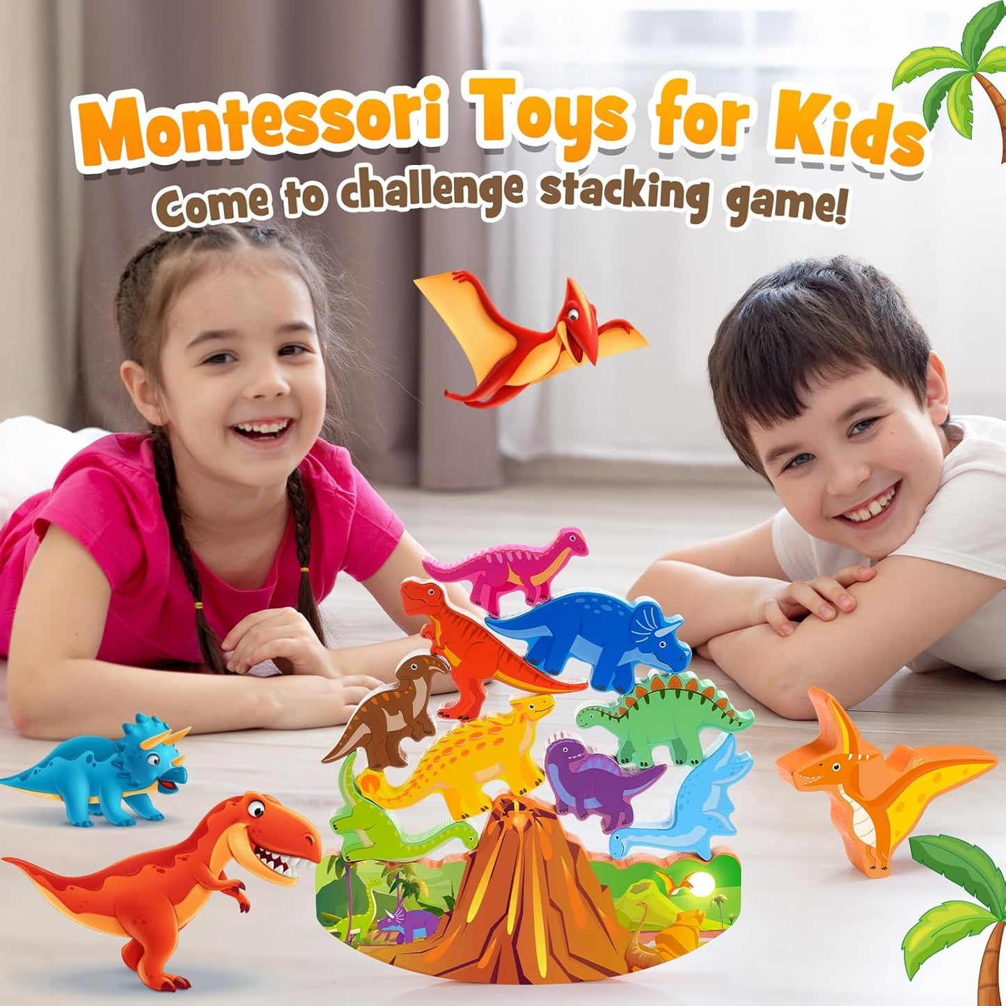 IPOURUP Dinosaur Toys for Kids 3-8 Kid Wooden Stacking Blocks Montessori Toy for 3 4 5 6 7 8 Year Old Boys Girls Christmas Birthday Gifts Toddler Balance Game Ages 3-5 Toys for Boy Girl Age 5-7