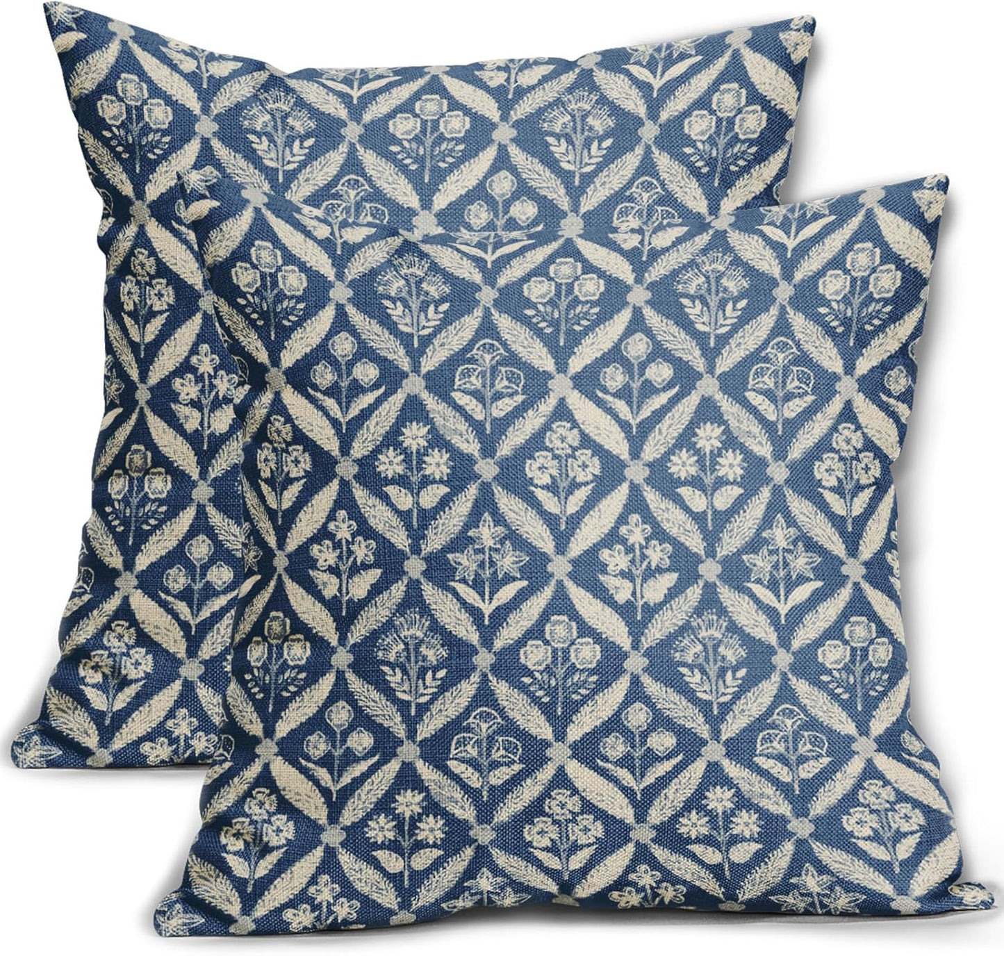 Blue Green Floral Block Print Pillow Covers 12X20 Set of 2, Flower Pattern Spring Summer Print Decorative Throw Pillow Covers Outdoor Farmhouse Seasonal Cushion Case Couch Sofa Bed Decor