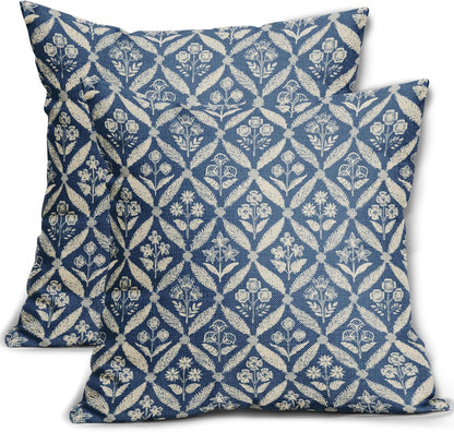 Blue Green Floral Block Print Pillow Covers 12X20 Set of 2, Flower Pattern Spring Summer Print Decorative Throw Pillow Covers Outdoor Farmhouse Seasonal Cushion Case Couch Sofa Bed Decor