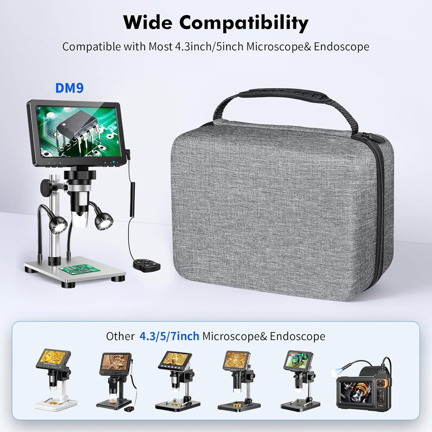 DM9 Digital Microscope Carrying Case - EVA Hard Storage Box Endoscope Case Travel Case Compatible with 4.3''/5''/7'' Digital Microscopes & Borescopes