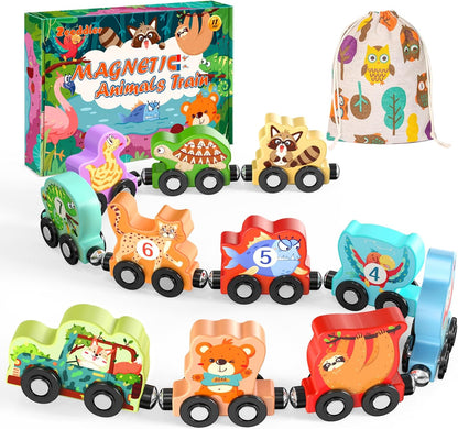 Zeoddler Toys for Toddlers, 11 Magnetic Wooden Animals Train Set, Montessori Toys for Toddlers, Preschool Learning Activities for Kids, Birthday Gifts for Boys, Girls