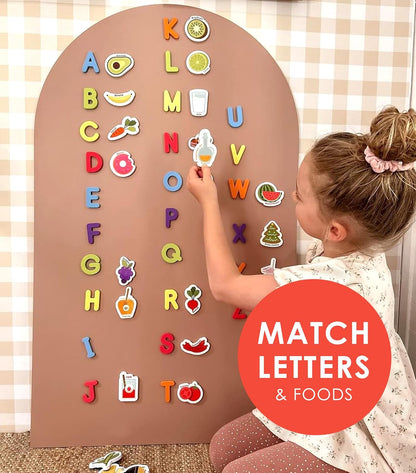 Curious Columbus Learning Magnets – Set of 52 Fridge Magnets for Kids – Includes 26 Large Foam Food Pieces and 26 ABC Alphabet Letters for Learning and Play
