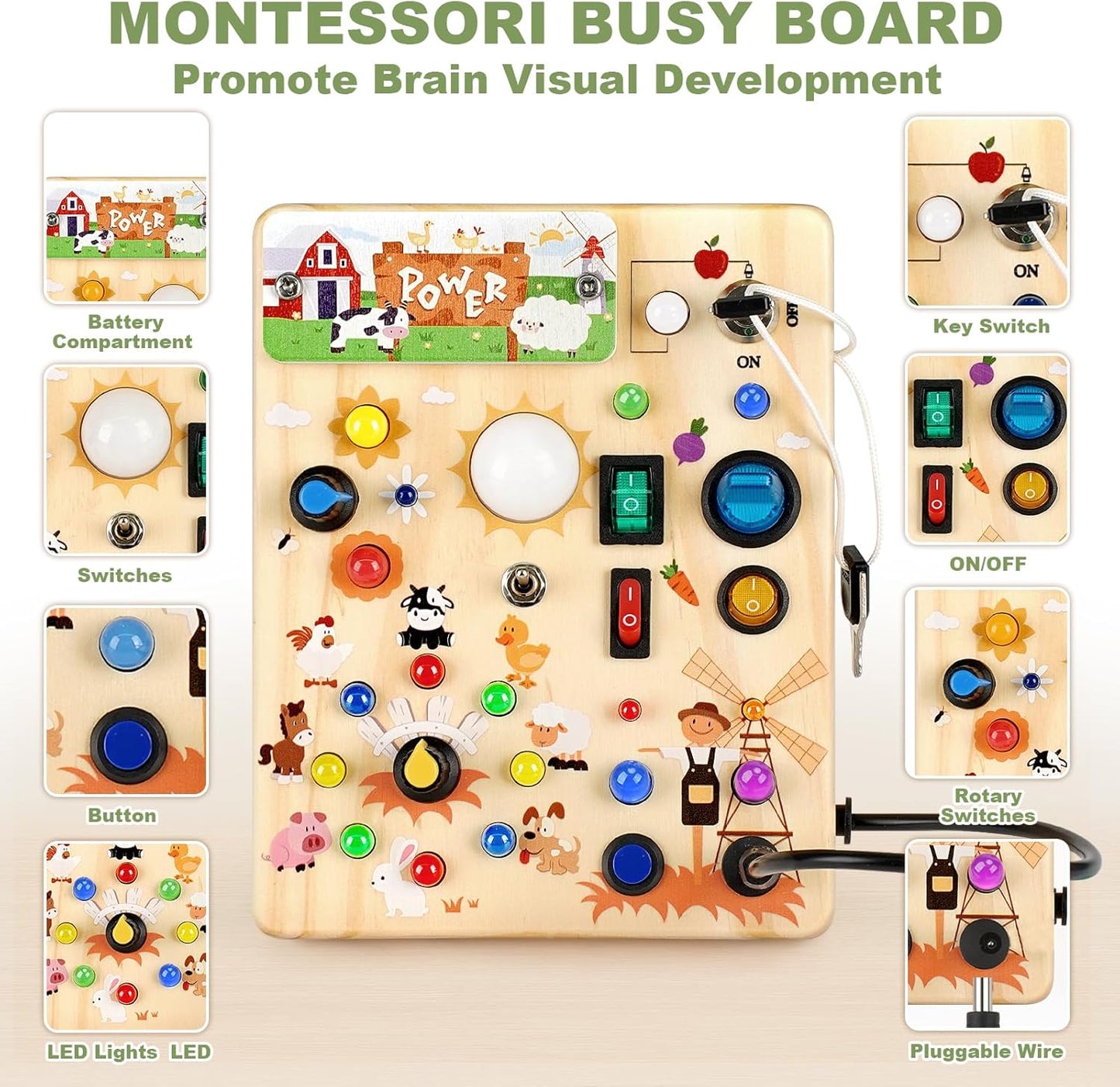 LED Busy Board for Toddlers - Montessori Sensory Toy with 10 Switches & 19 Lights, Wooden Activity Board for Fine Motor Skills, Ideal Educational Birthday Travel Toy Gift for 1 2 3 Year Old Boys Girls
