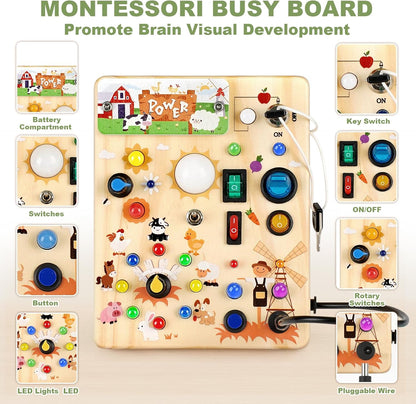LED Busy Board for Toddlers - Montessori Sensory Toy with 10 Switches & 19 Lights, Wooden Activity Board for Fine Motor Skills, Ideal Educational Birthday Travel Toy Gift for 1 2 3 Year Old Boys Girls