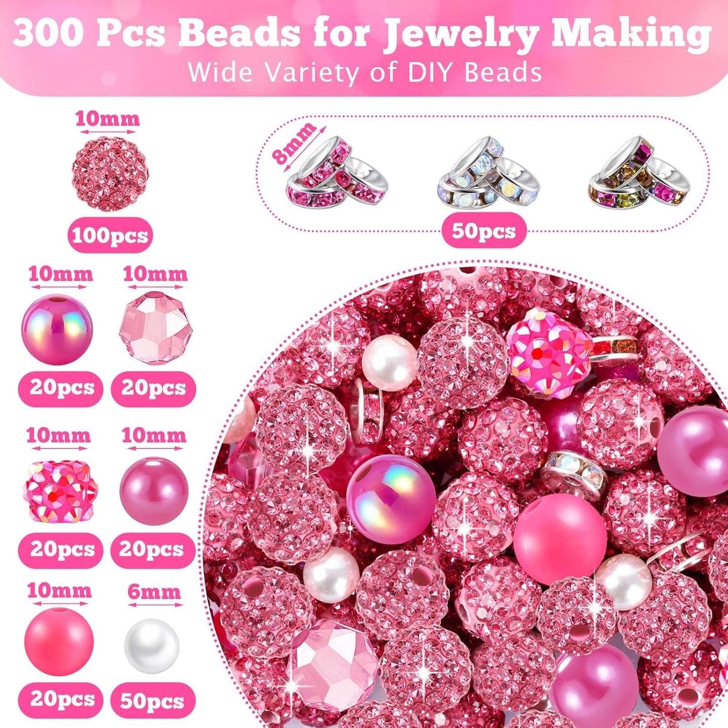 300 Pcs Diamonds Beads for Jewelry Making, Included 10 mm Red Rhinestone Beads for Bracelets, Bubblegum Bead for Pen Making, Pearl and Spacer Bead for Bracelet Necklace Earring Crafting