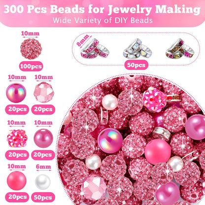300 Pcs Diamonds Beads for Jewelry Making, Included 10 mm Red Rhinestone Beads for Bracelets, Bubblegum Bead for Pen Making, Pearl and Spacer Bead for Bracelet Necklace Earring Crafting