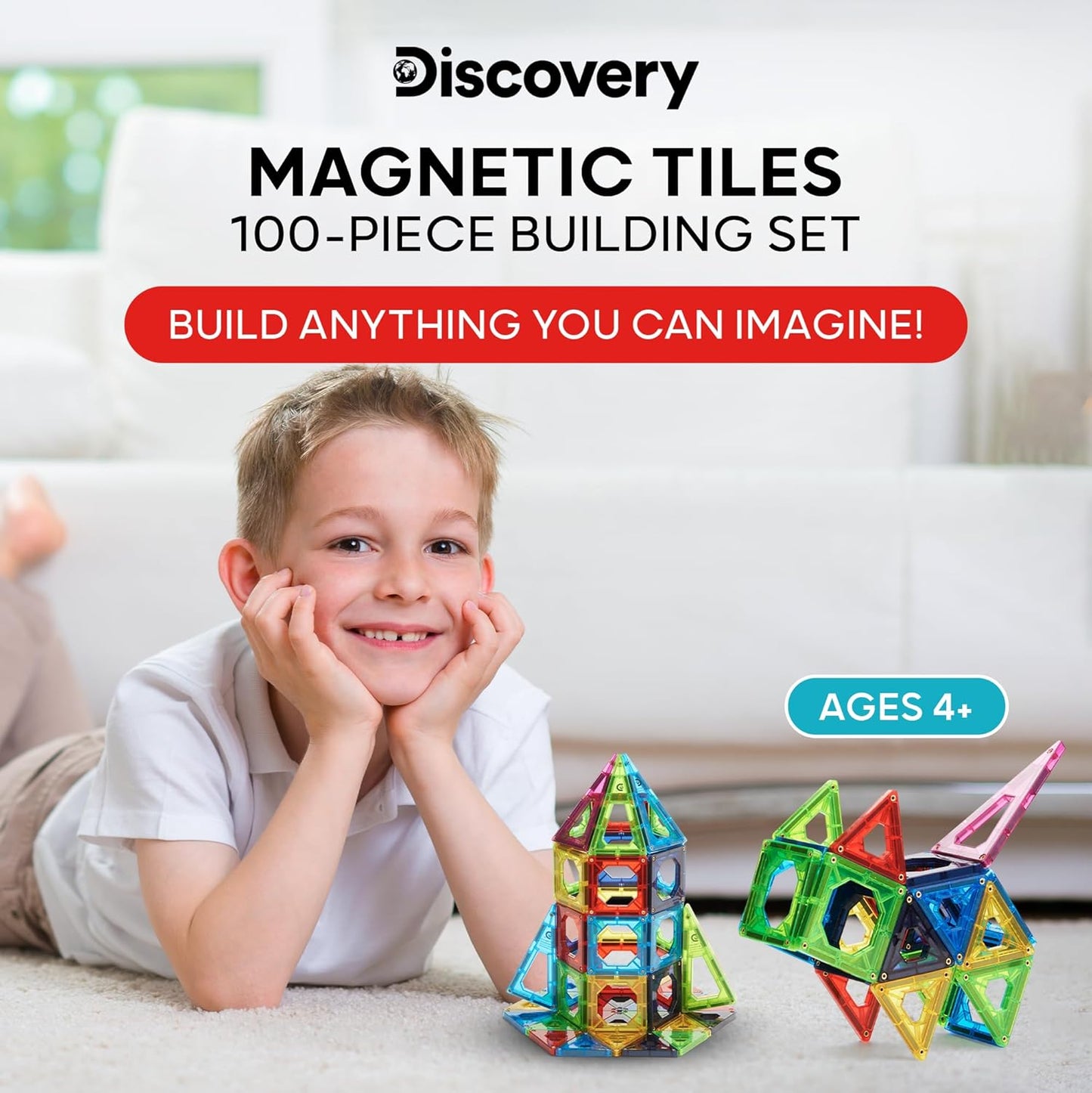 Discovery 100-Piece 3D Magnetic Tiles Set, Educational STEM Kids Toys, Ages 4+, Construction Building Block Creativity Kit, Engineering Development