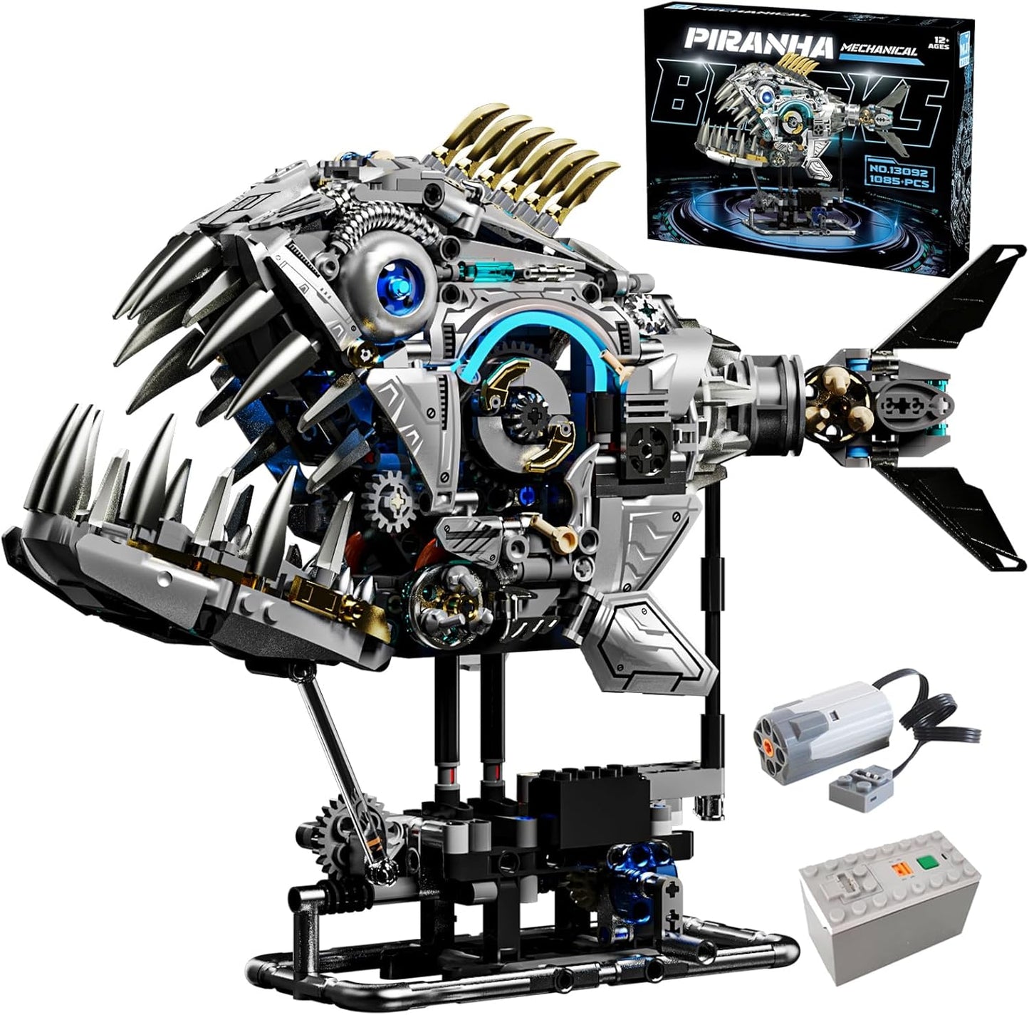 Mechanical Piranha Building Block Kit Hand Cranked Motor Dual Mode Drive Gear Multi Joint Motion Toy for Boys, Girls, and Hobbyists, Ideal for STEM Classrooms or Gift Giving