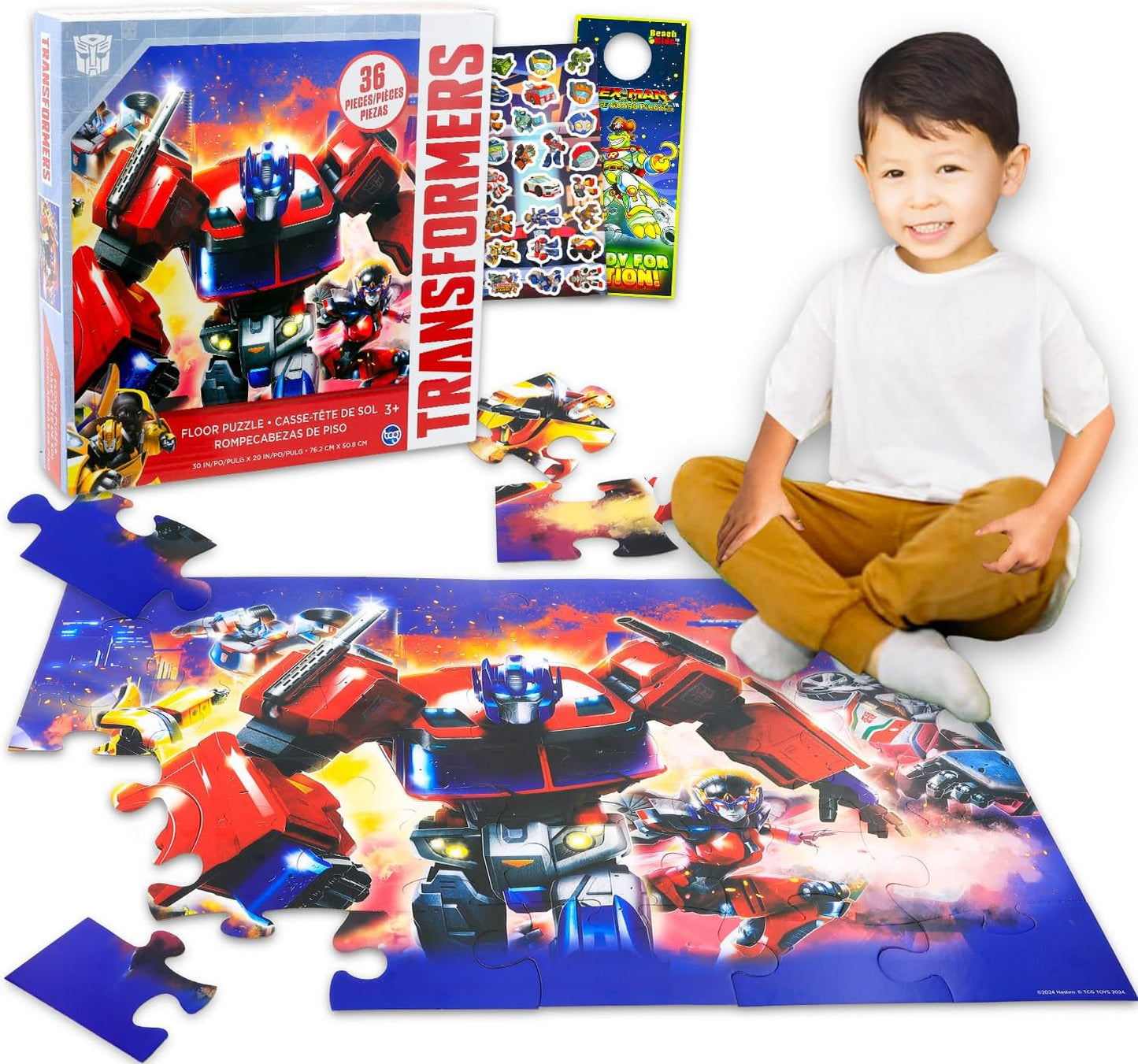 Transformers Floor Puzzle for Kids Set - Bundle with 36 Piece Optimus Prime Floor Puzzle Plus Stickers, More | Transformers Jigsaw Puzzles for Kids Ages 4-8