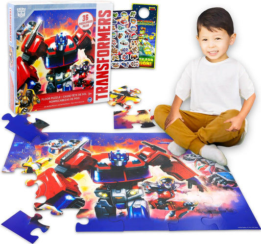 Transformers Floor Puzzle for Kids Set - Bundle with 36 Piece Optimus Prime Floor Puzzle Plus Stickers, More | Transformers Jigsaw Puzzles for Kids Ages 4-8