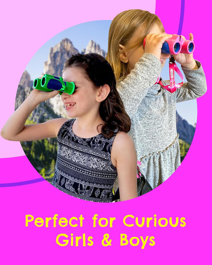 Kids Binoculars 8x21 Shockproof Green - Ages 3-12 with Case Neck Strap Compass Carabiner | High Resolution Optics for Bird Watching Camping Hiking | Birthday Gift Boys Girls