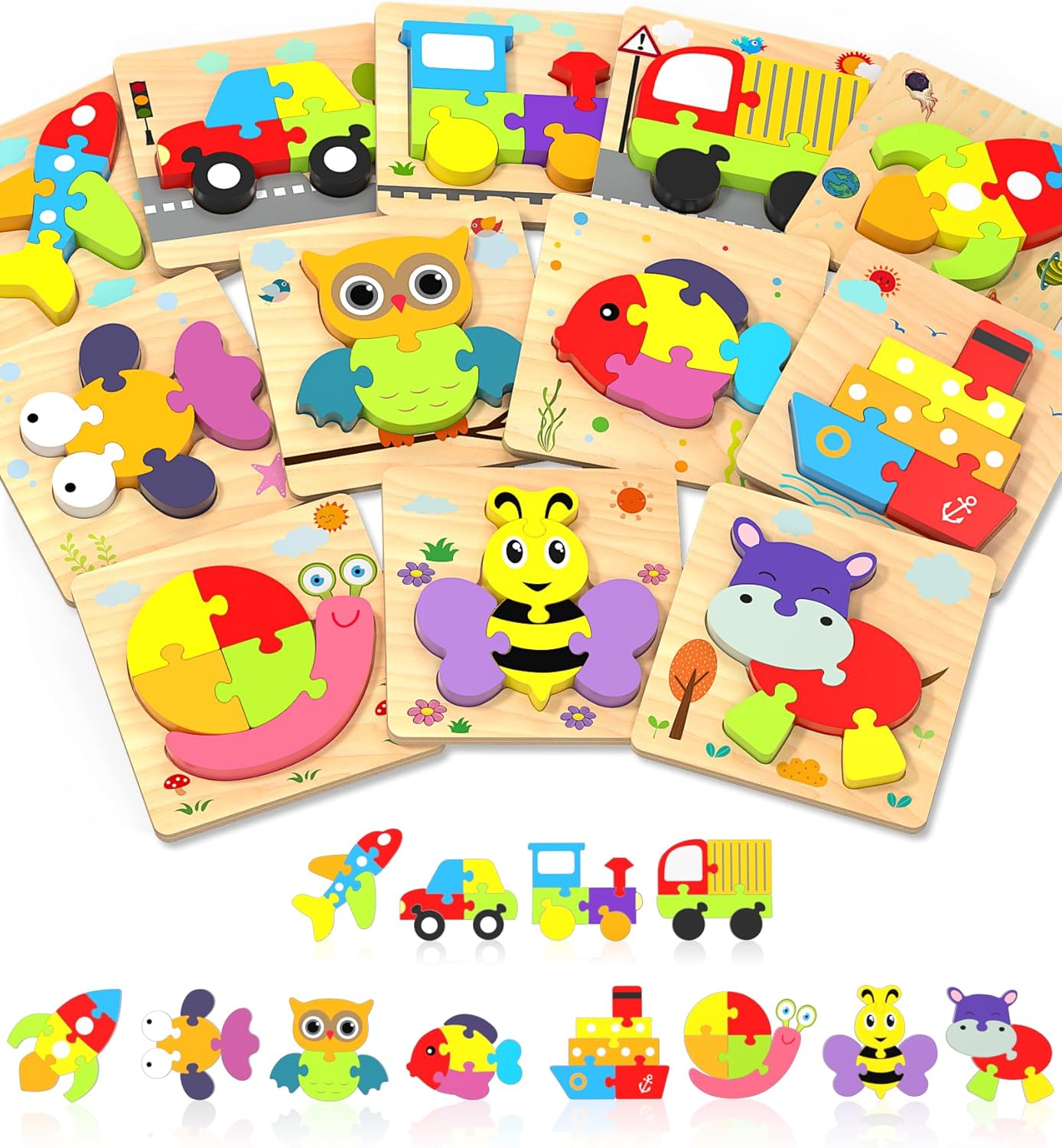 Yetonamr Wooden Toddler Puzzles Gifts Toys for 1 2 3 Years Old Boys Girls, 6 Vehicle Shape Montessori Toys Educational Blocks Kids Toys Gift Baby Learning Toy Age 1-3, 2-4