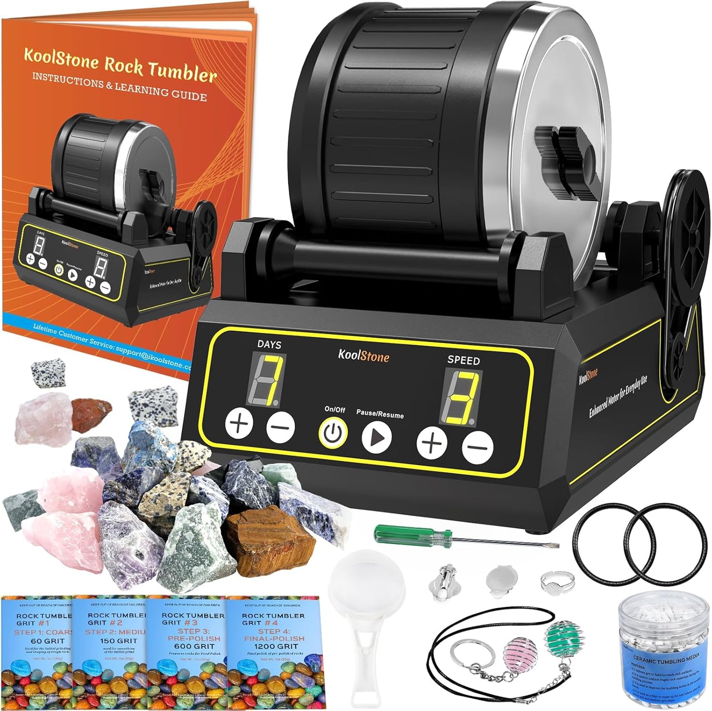 C1 Rock Tumbler Kit - Large 2.5LB Rotary Rock Tumbler for Adults & Hobbyists, Quiet Rubber Barrel, Adjustable Timer & Speed, Complete Gem Polishing Kit with Memory Function