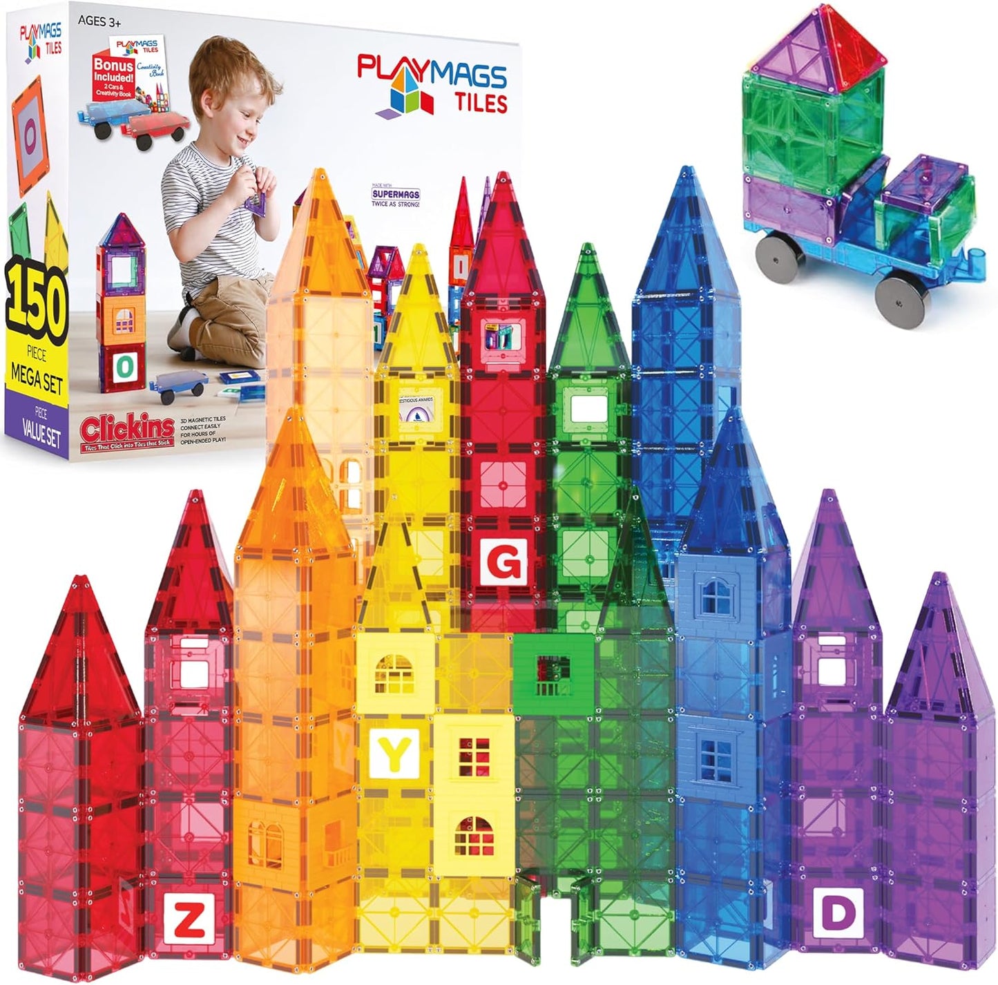 Playmags Magnetic Tiles for Kids 100-Piece Set, STEM Educational Building Blocks Toys for Kids, Includes Click-in ABC Learning Tiles, Gift for Boys & Girls, Add on Magnetic Figures, Car Set Available
