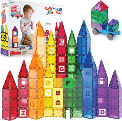 Playmags Magnetic Tiles for Kids 100-Piece Set, STEM Educational Building Blocks Toys for Kids, Includes Click-in ABC Learning Tiles, Gift for Boys & Girls, Add on Magnetic Figures, Car Set Available