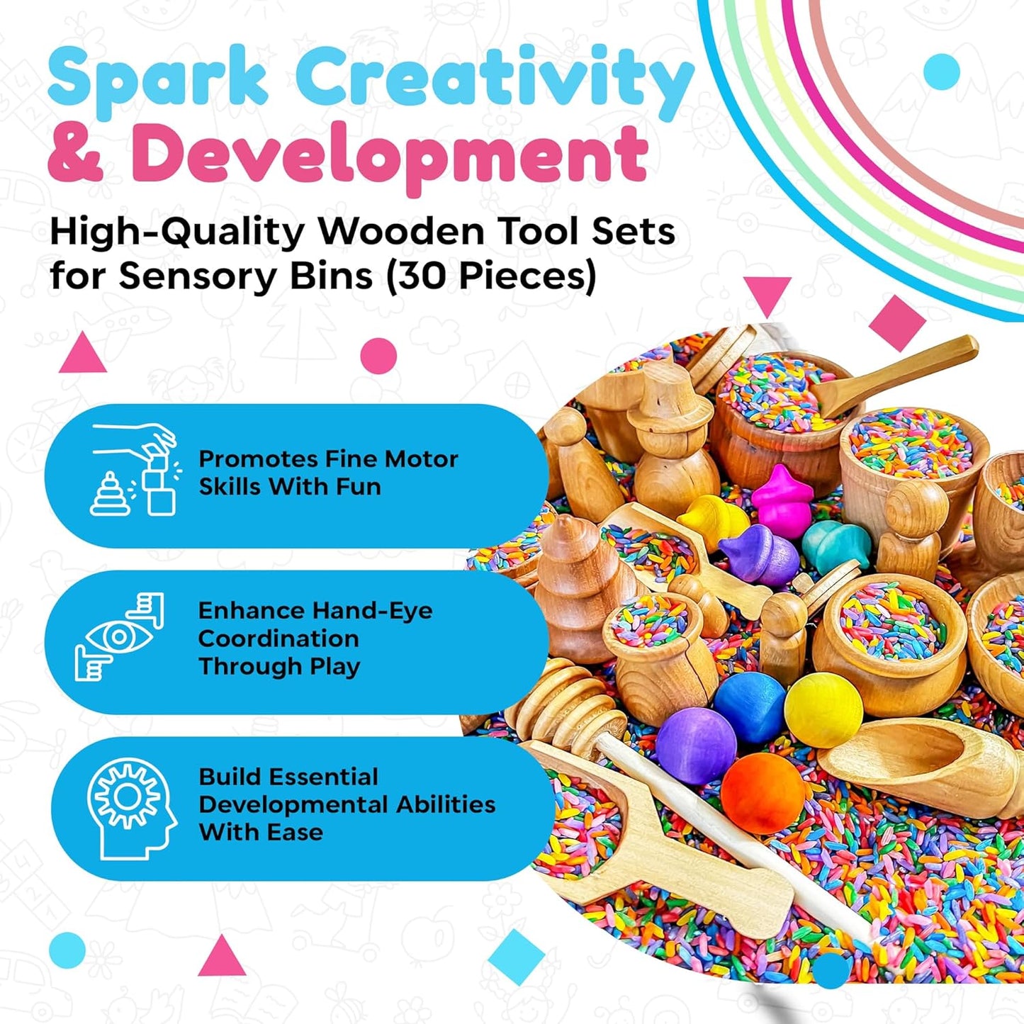 Wooden Tool Set for Sensory Bin (10 Piece), Child-Sized Montessori Sensory Toys for Developing Fine Motor Skills, Smooth Wooden Toys, Bin Scoops and Tools