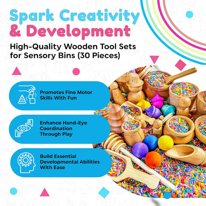 Wooden Tool Set for Sensory Bin (10 Piece), Child-Sized Montessori Sensory Toys for Developing Fine Motor Skills, Smooth Wooden Toys, Bin Scoops and Tools