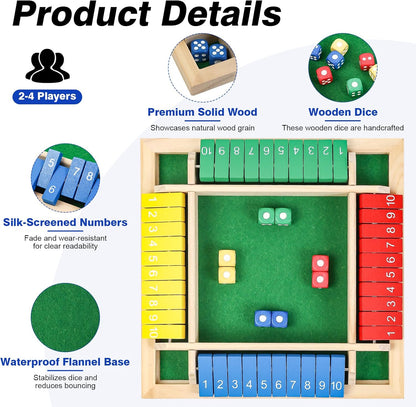 Shut The Box Game Wooden Board Dice Game, 2-4 Players Table Math Games for Kids and Adults, Fun Family Game Night Classroom Home Party or Pub Strategy Games