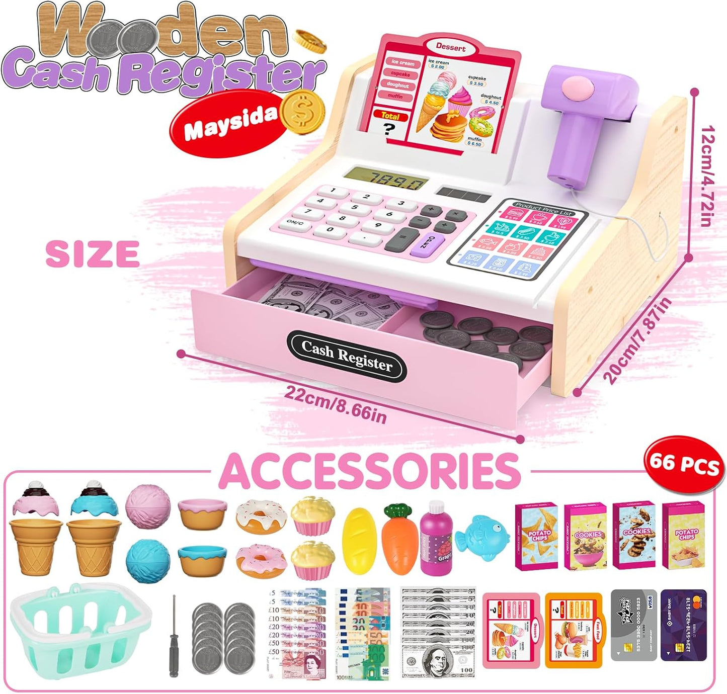 Kids Cash Register Toy Playset, Toddler Prentend Play Store with Real Calculator Cash Register with Scanner/Credit Card/Play Money/Food, Learning Toys for Boys Girls Toddlers(Pink)