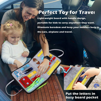 Esjay Toddler Busy Board Montessori Toys for Boys Girls, Sensory Book Educational Activities for Learning Fine Motor Skills, Birthday Gifts for Toddlers, Travel Toys for Airplane Car, White Dinosaur