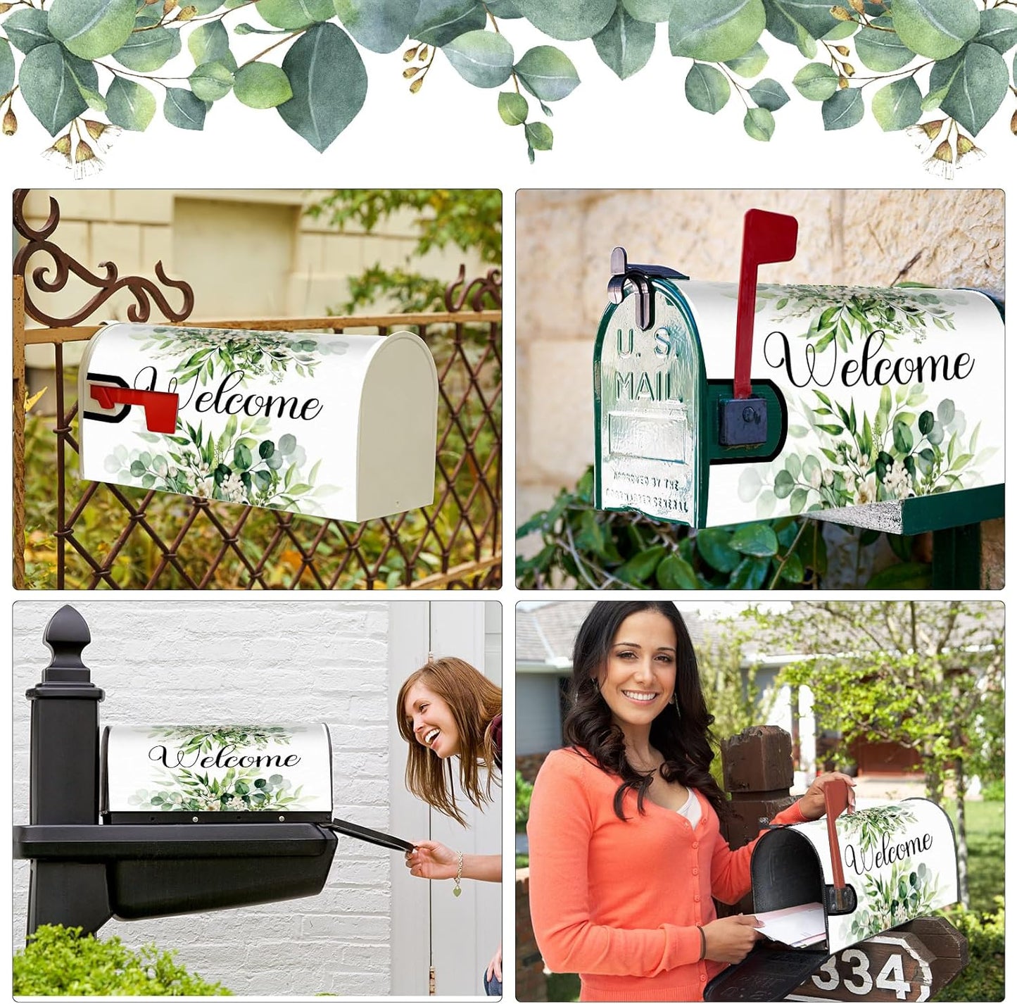 Tiamon Monogrammed L Mailbox Covers Magnetic Eucalyptus Welcome Letter Box Wrap Standard Size 21x18 Inch Spring Summer Leaves Mailbox Decor Eucalyptus Letter Numbers Decoration for Outdoor Garden Yard