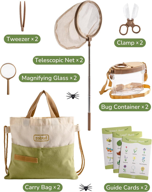 ROBUD Bug Catcher for Kids, Bug Catcher Kit with Bag Kit, Outdoor Exploration Set for Camping, Montessroi Toy for Kids Coming Closer to Nature，WRP07