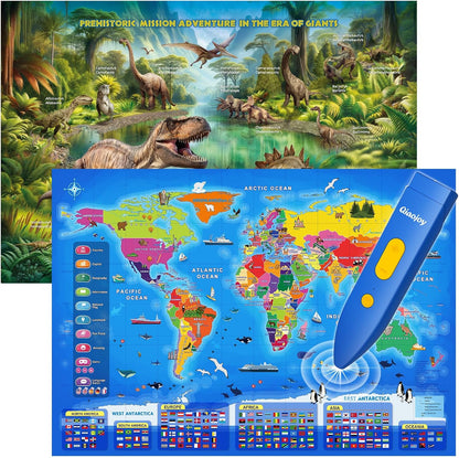 Qiaojoy Bilingual Interactive World Map for Kids Learning and Educational Toys, Talking Electronic Kids World Map i-Poster Geography Games Ages 3 to 12 Years Old, Custom Talking Birthday Gifts Card