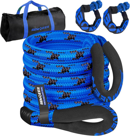 Kinetic Recovery Rope, 1" x 30ft 48500LBS, Kinetic Rope Recovery Kit with 2 Soft Shackles, Heavy Duty Offroad Snatch Strap, 35% High Elasticity Tow Ropes for Trucks SUV UTV, Black & Green Mixed