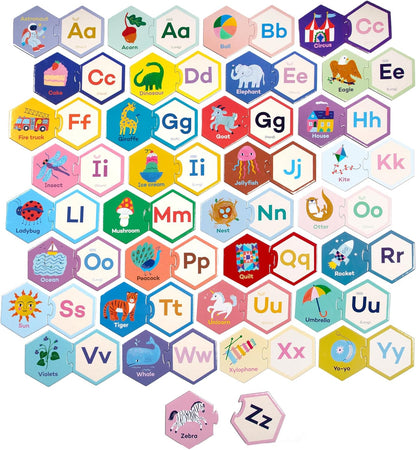 eeBoo Hexagon Puzzle Pairs - Rhyming Words, 33 Self-Correcting Pairs, Match Sounds to Images, Pre-Reading Activity for Preschool Kids Ages 3 and up