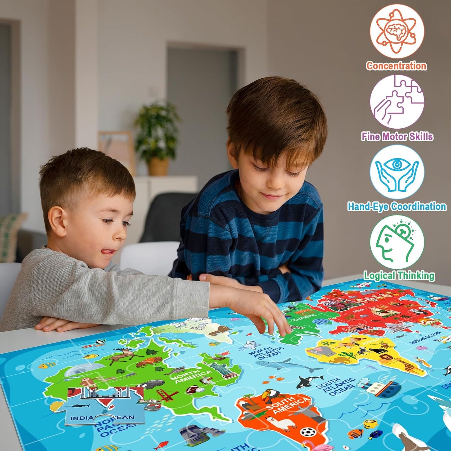 World Map Puzzle for Kids, Floor Puzzles for Kids Ages 4-8, 48 Pcs World Puzzle, Geography Preschool Learning Toys Gifts for Boys and Girls