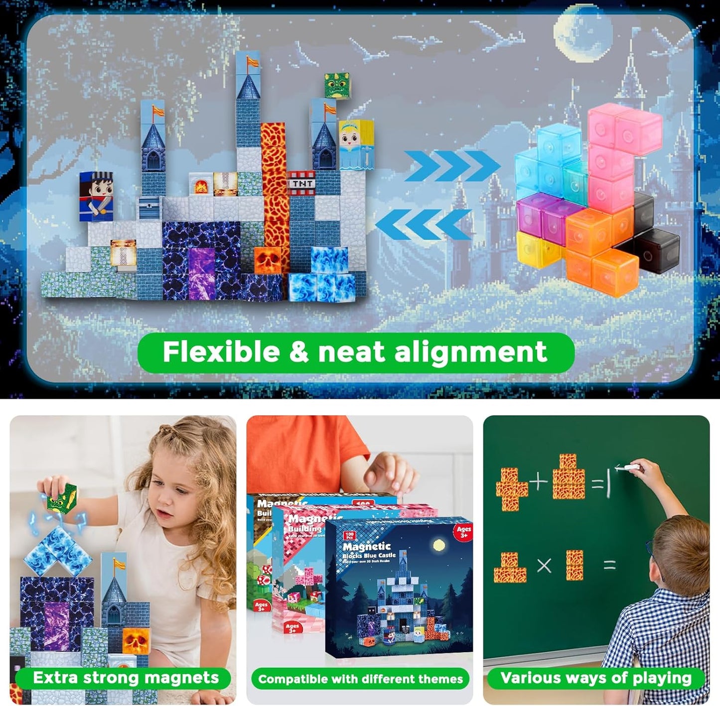 Annexfun Magnetic Blocks - 100PCS Building Blocks Unicorn Cubes - Toys for Montessori Toddler Christmas Birthday Gifts - STEM Sensory Toys for 3 4 9 10 Year Old Girl