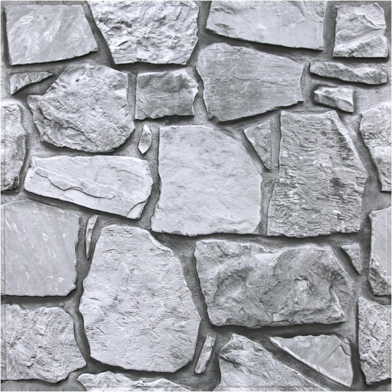 COMSTICKC 3D Faux Gray Stone Wall Sticker Peel and Stick Wall Panels,10 Pcs of 12"X12",Ultra-Light Thin PVC Decorative Tiles Rocks Stone Backsplash Interior Decor,Paintable