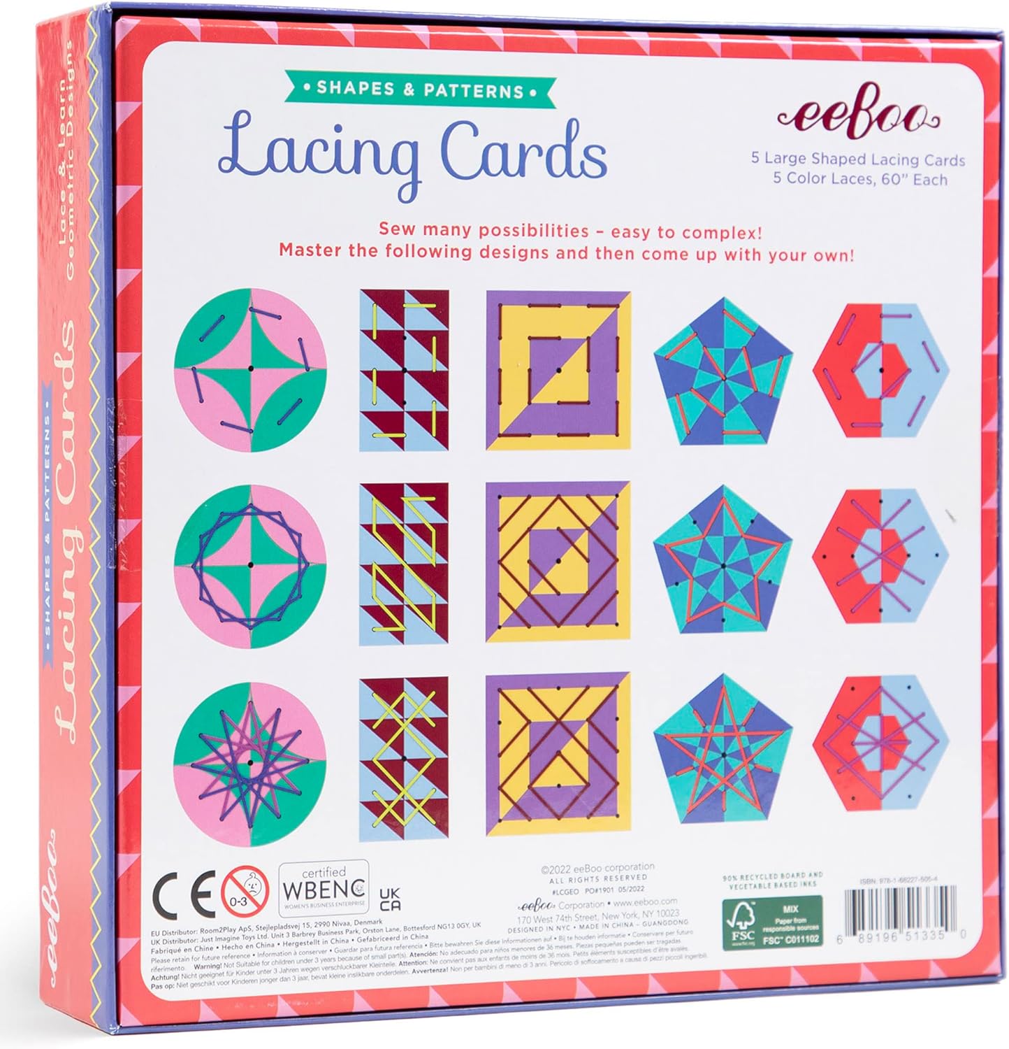 eeBoo Shapes & Patterns Lacing Cards/Set of 5 Cards/Ages 3+ (LCGEO)