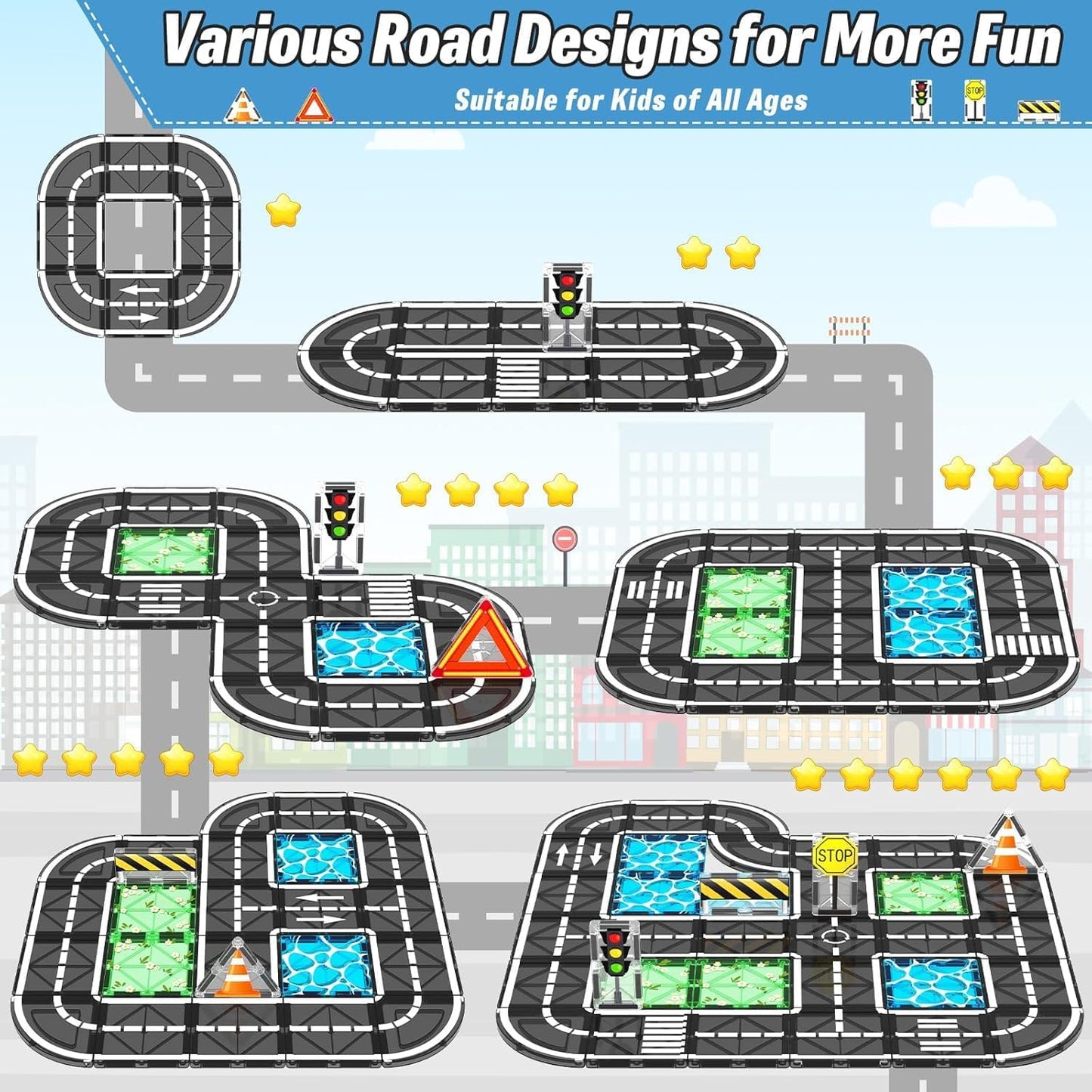Magnetic Tiles, Magnetic Blocks Engineering Construction Vehicle Road Set, Toddler Toys for 3 4 5 Year Old Boys Girls Montessori Preschool Classroom Must Haves STEM Educational Kids Toys Birthday Gift