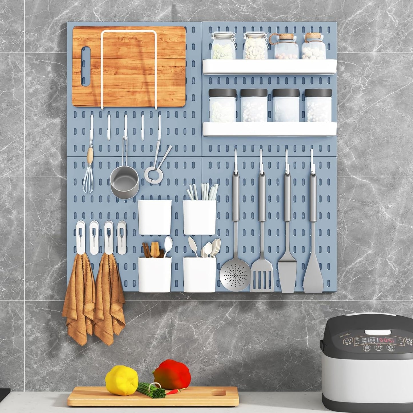 Peg Board Combination Kit, 4 Pegboards with 20 Accessories, Pegboard Wall Organizer for Office, Nursery & Home Storage, Key Holder, 25.6"x25.6" – Nail-Free Installation（White）