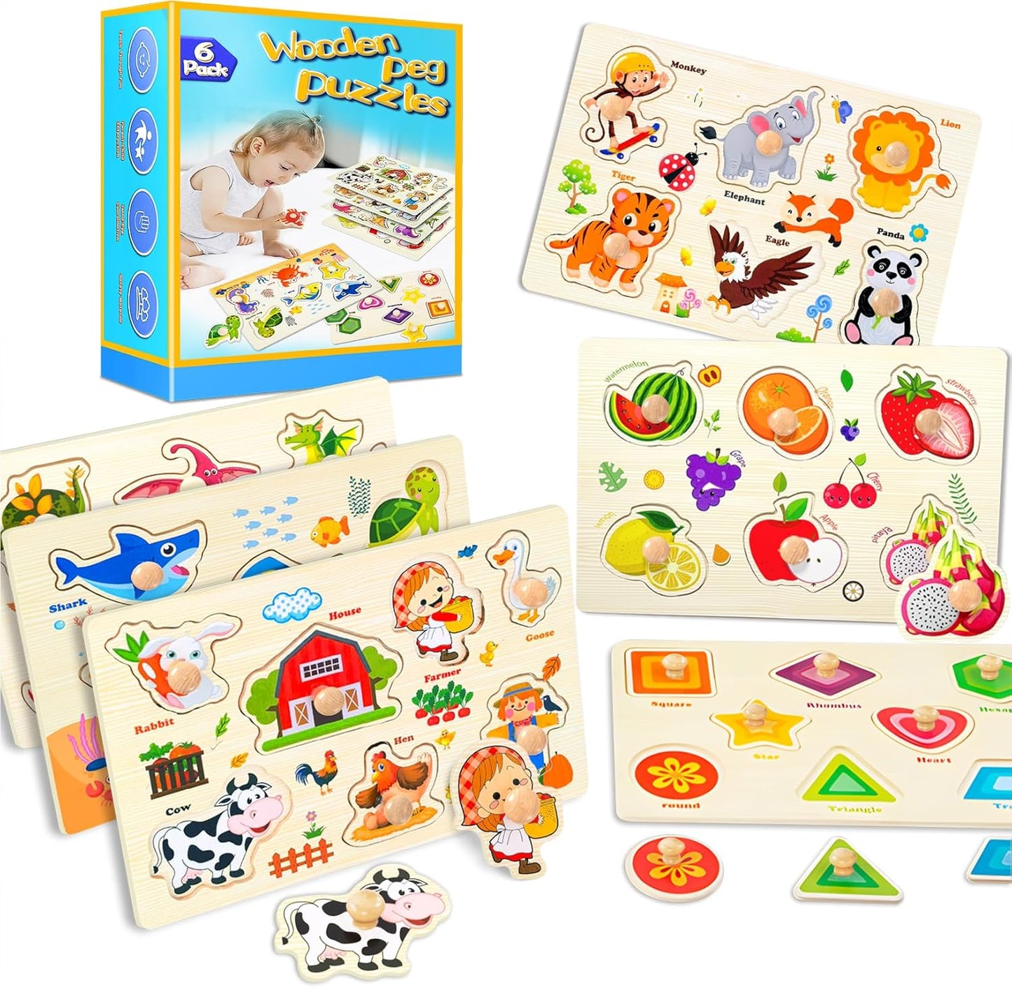 Wooden Peg Puzzles for Toddlers,Montessori Toddler Jigsaw for Child,Fine Motor Skill Learning Puzzle Toys for Baby Boys Girls Gifts-6 Pcs Shape,Farm,Sea Animal,Dinosaurs,Fruits,Animal