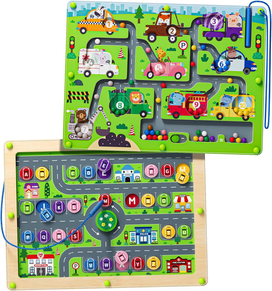 Magnetic Maze 2 in 1 Double Side Color and Number Maze Alphabet Puzzle Board for 3-5 Boys and Girls Kids Montessori Educational Toys (Zoo, One Size)