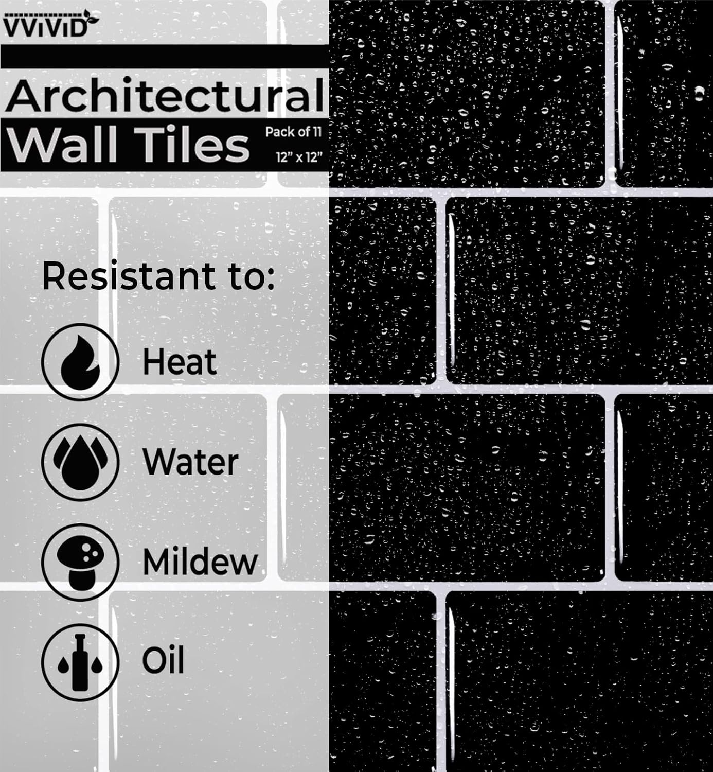 VViViD 11 Sheets Peel and Stick Grey Gloss Faux Ceramic Brick Wall Tiles, Self Adhesive Backsplash 12”x12”, 2mm Thick Kitchen, Bathroom (11 sq. ft.)