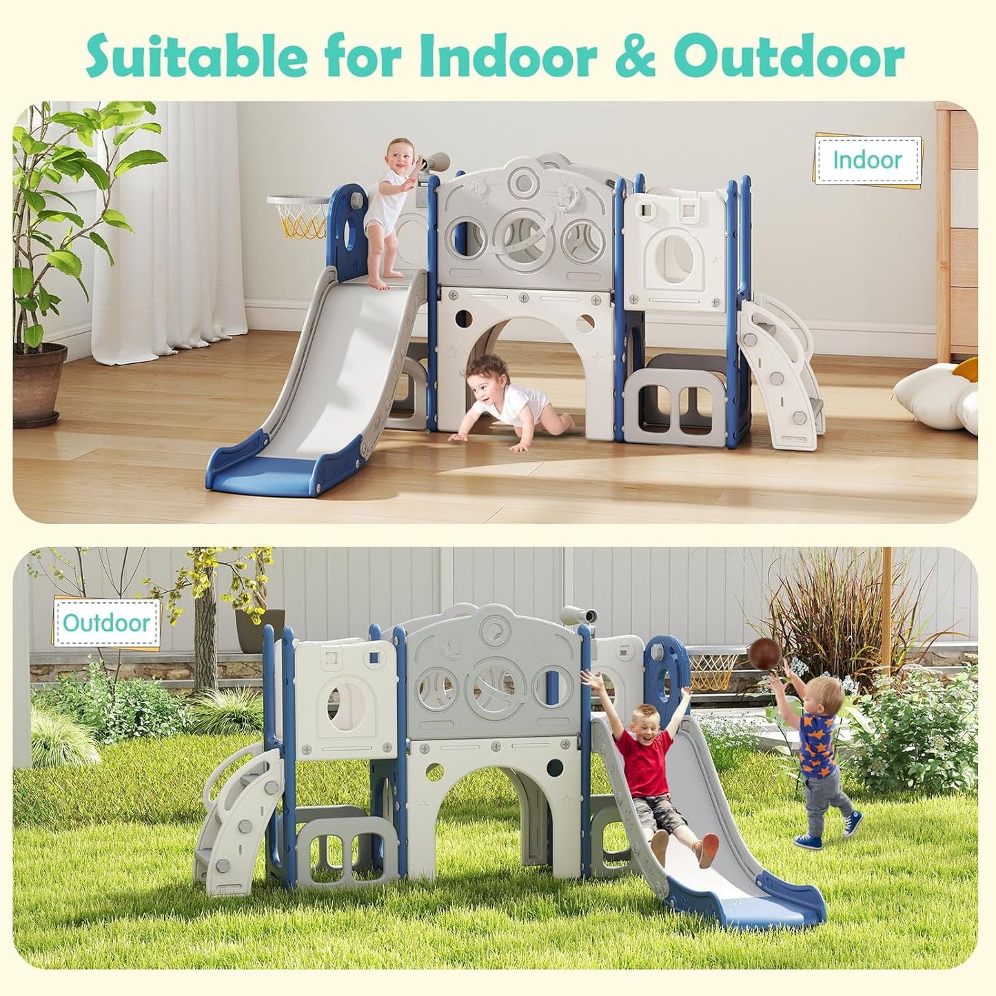 kinbor 6 in 1 Toddler Slide PlaySet - Indoor Outdoor Fun for Kids Ages 1-3, Includes Basketball Hoop, Telescope, Storage & Climber, Safe, Sturdy Baby Slide for Backyard Playground, Blue