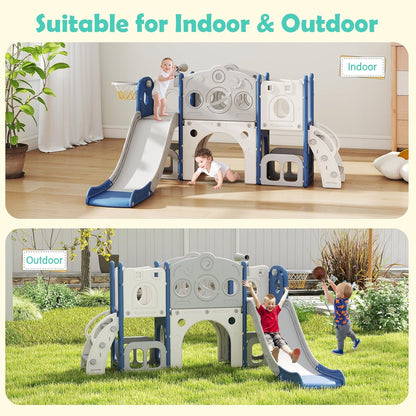 kinbor 6 in 1 Toddler Slide PlaySet - Indoor Outdoor Fun for Kids Ages 1-3, Includes Basketball Hoop, Telescope, Storage & Climber, Safe, Sturdy Baby Slide for Backyard Playground, Blue