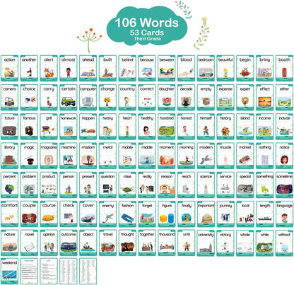 WJPC 55 Cards, 106PCS High Frequency First-Grade Sight Words Flash Cards, 1st Grade Phonics Learning Cards for 5,6,7,8 Years Ages Kids Boys, Girls Learn to Read, Write, Association, Sentence Making
