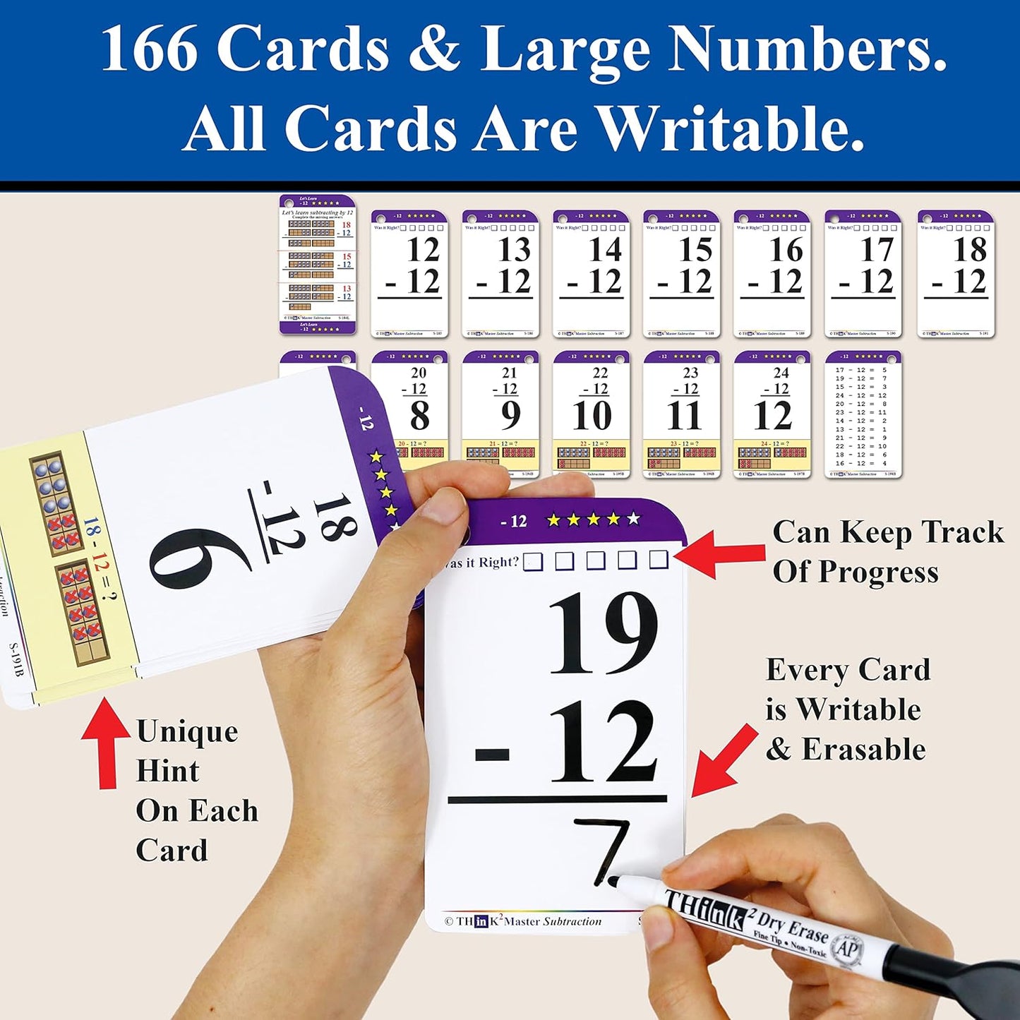 Think2Master Addition Flash Cards. Learn to Add & Subtract by Counting, Writing, Understanding & Memorizing. 260 Laminated Cards, 39 Triangle Cards, 2 Dry Erase Markers, 5 Rings & 30 Counters