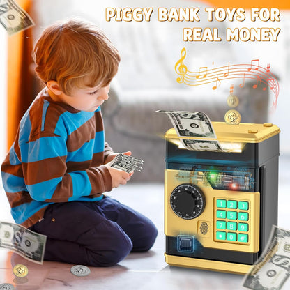 Piggy Bank, Automatic Electronic Piggy Bank for Kids Boys Girls with Password and Fingerprint Unlocking Simulation, Money Bank Kids Safe Toys for 3 4 5 6 7 8 9 10 Year Old Boy Girl (Black)