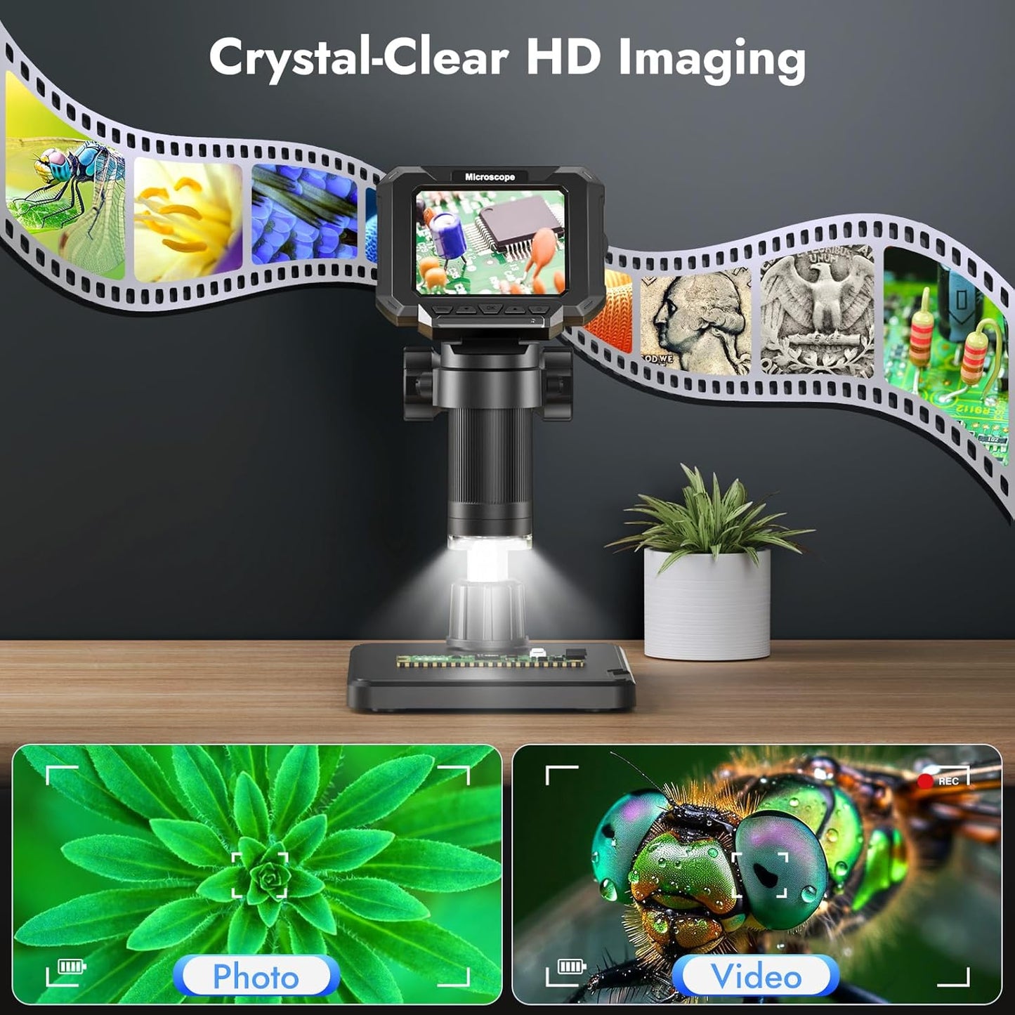 4.3" Coin Microscope for Error Coins (Detail View Only), 1000X Digital LCD Magnifier with Anti-Glare Side Lights, 1080P USB PC View (Win/Mac), Rechargeable Scope for Numismatic Grading